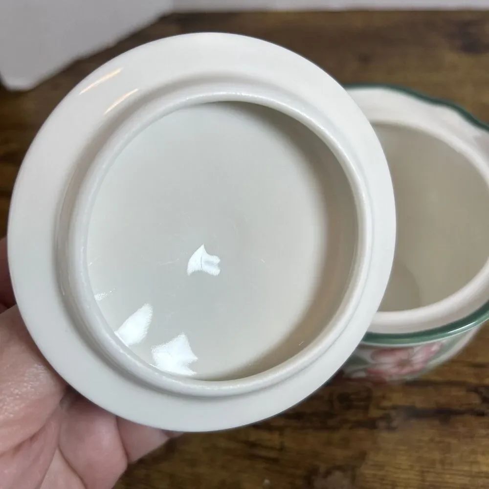 Vintage Epoch Market Day Sugar Bowl w Lid Plum Fruit Green Trim EUC Cottagecore